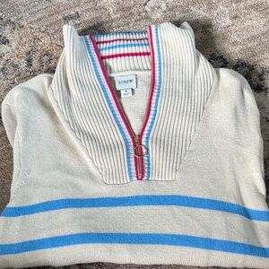 J. Crew Cream Sweater with Blue Stripes and Pink Trim